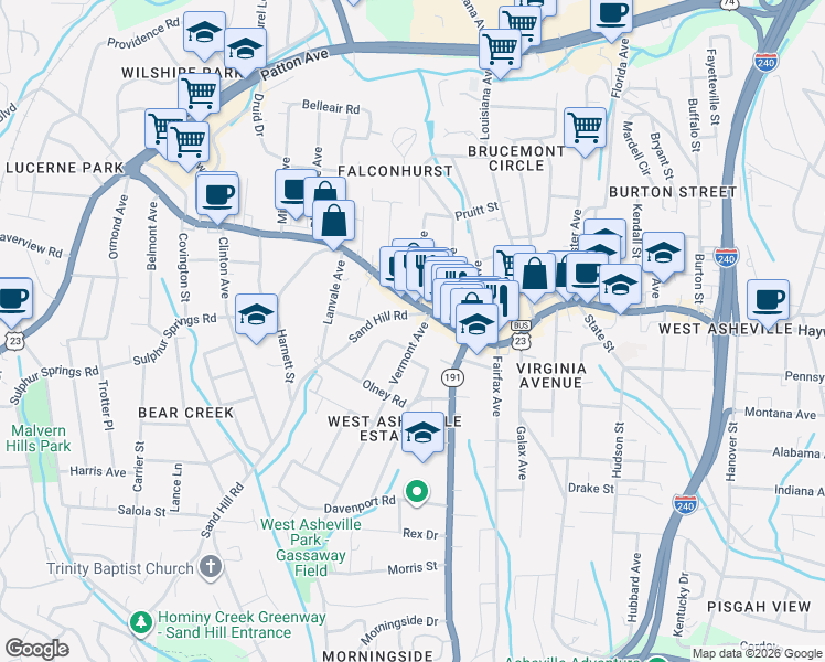 map of restaurants, bars, coffee shops, grocery stores, and more near in Asheville