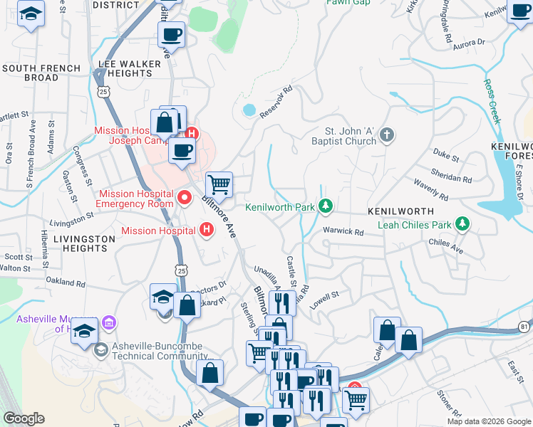 map of restaurants, bars, coffee shops, grocery stores, and more near 8 Thurland Avenue in Asheville