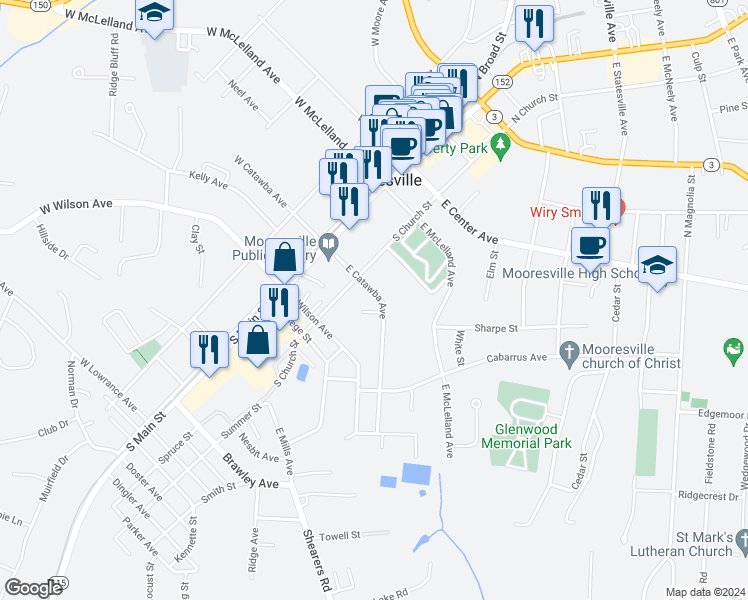 map of restaurants, bars, coffee shops, grocery stores, and more near 229 East Catawba Avenue in Mooresville