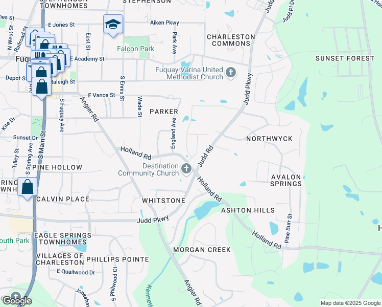 map of restaurants, bars, coffee shops, grocery stores, and more near 504 Barneswyck Drive in Fuquay Varina