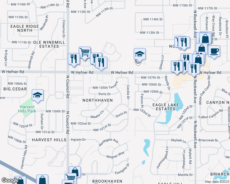 map of restaurants, bars, coffee shops, grocery stores, and more near 7701 Doris Drive in Oklahoma City