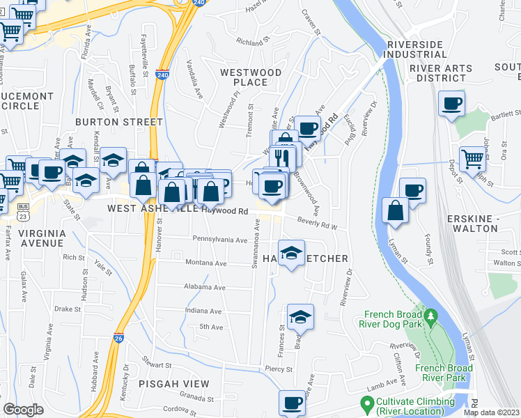 map of restaurants, bars, coffee shops, grocery stores, and more near 14 Da Vinci Court in Asheville