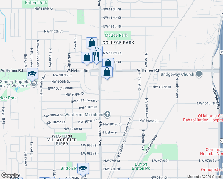map of restaurants, bars, coffee shops, grocery stores, and more near 10700 North Western Avenue in Oklahoma City