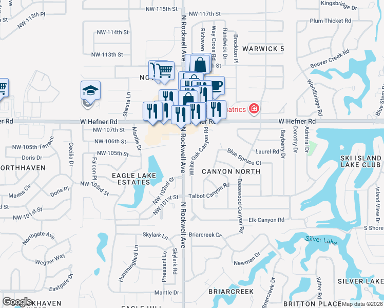 map of restaurants, bars, coffee shops, grocery stores, and more near 10800 North Rockwell Avenue in Oklahoma City