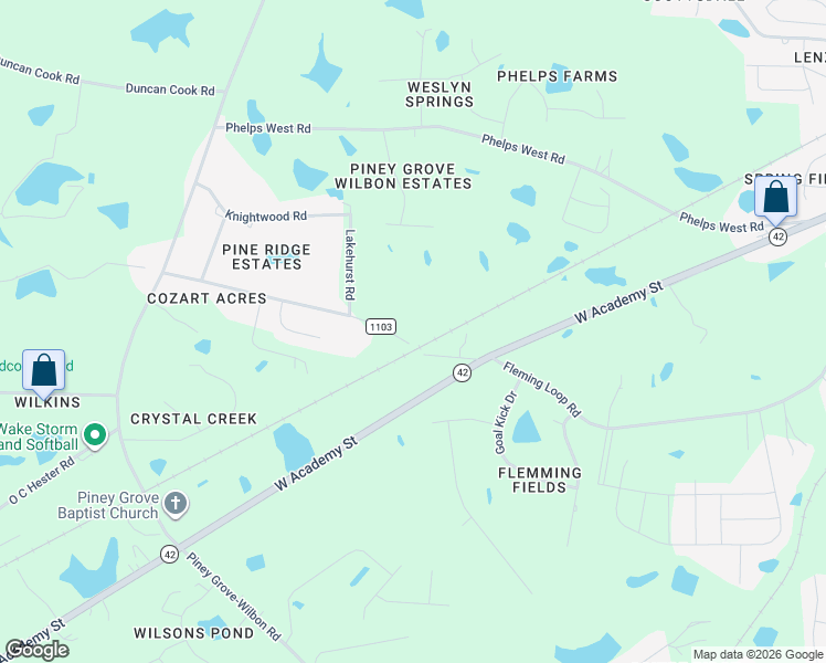 map of restaurants, bars, coffee shops, grocery stores, and more near 2300-2412 Fleming Road in Fuquay Varina