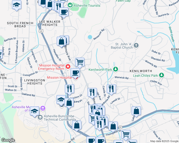map of restaurants, bars, coffee shops, grocery stores, and more near 38 Forest Hill Drive in Asheville