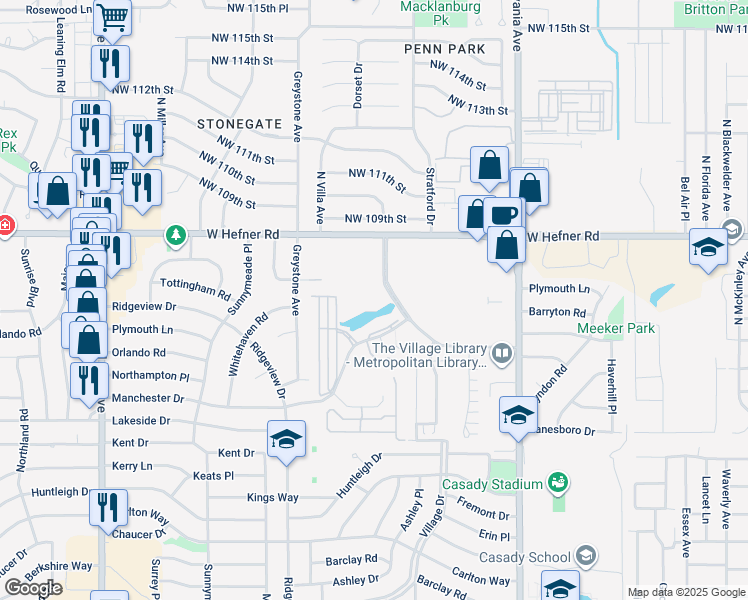 map of restaurants, bars, coffee shops, grocery stores, and more near 10401 Vineyard Boulevard in The Village