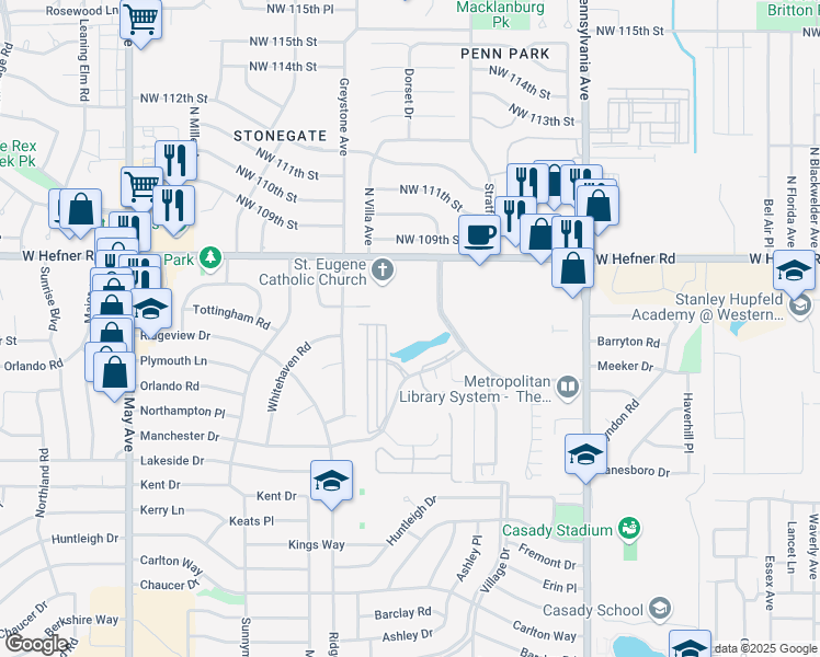 map of restaurants, bars, coffee shops, grocery stores, and more near 10401 Vineyard Boulevard in The Village