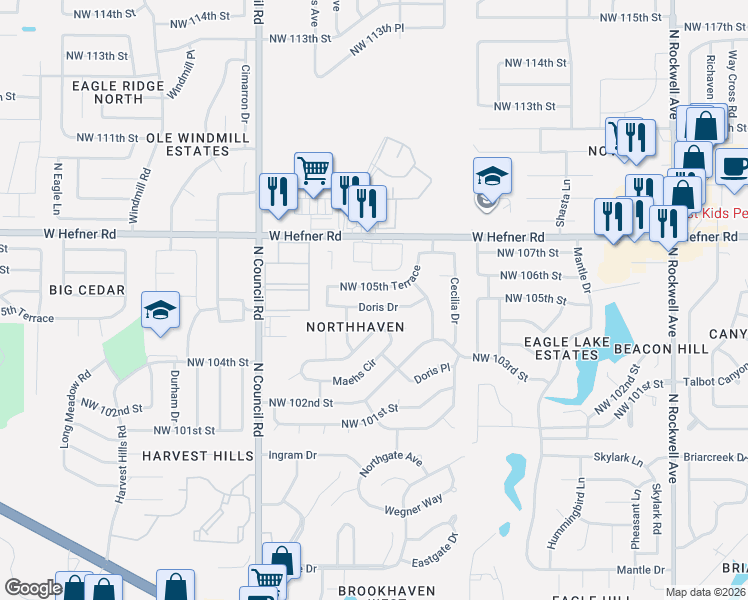map of restaurants, bars, coffee shops, grocery stores, and more near 7721 Northwest 105th Terrace in Oklahoma City
