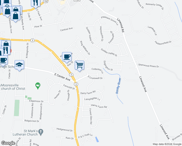map of restaurants, bars, coffee shops, grocery stores, and more near 109 Richland Lane in Mooresville