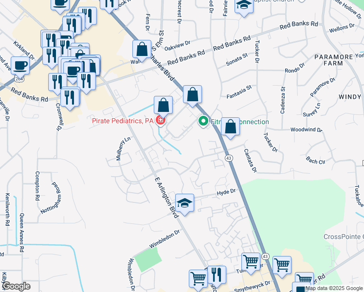 map of restaurants, bars, coffee shops, grocery stores, and more near 17 Oakmont Drive in Greenville