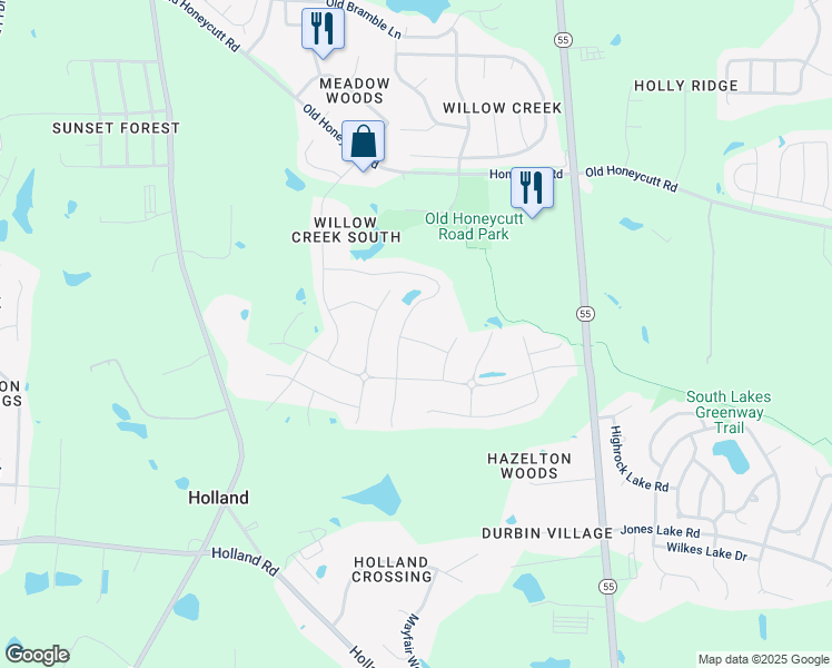 map of restaurants, bars, coffee shops, grocery stores, and more near 6600 North Carolina 55 in Fuquay-Varina