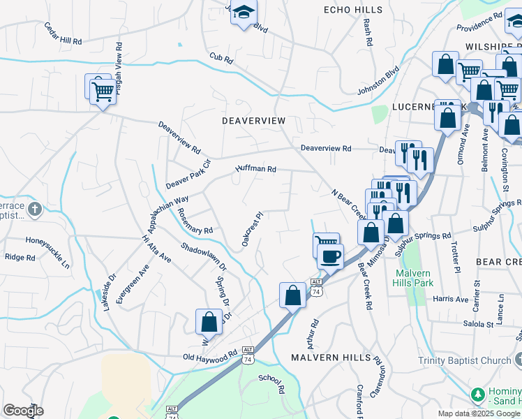 map of restaurants, bars, coffee shops, grocery stores, and more near 15 Oakcrest Place in Asheville