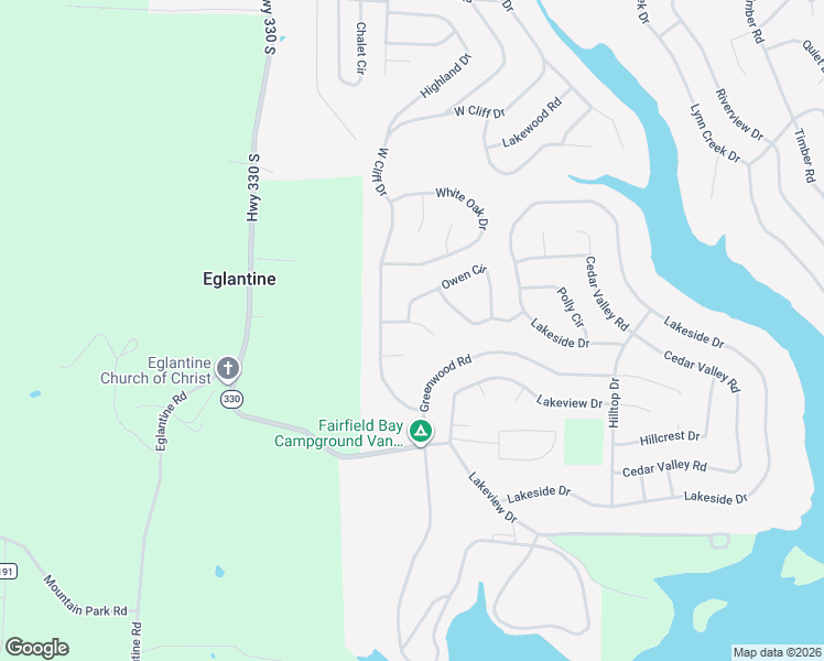 map of restaurants, bars, coffee shops, grocery stores, and more near 109 Cliff Court in Fairfield Bay