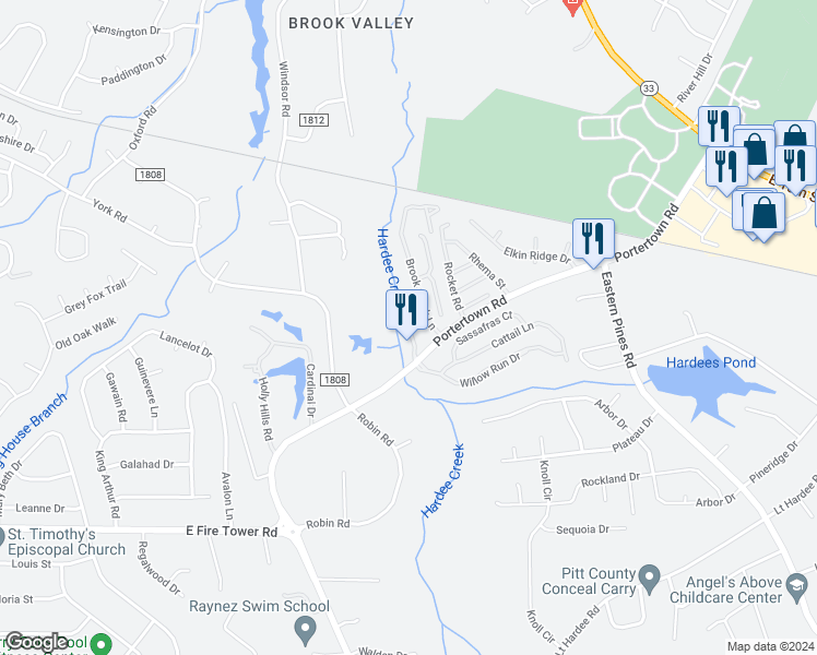map of restaurants, bars, coffee shops, grocery stores, and more near 4240 Williamsbrook Lane in Greenville
