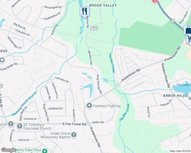 map of restaurants, bars, coffee shops, grocery stores, and more near 306 King George Road in Greenville