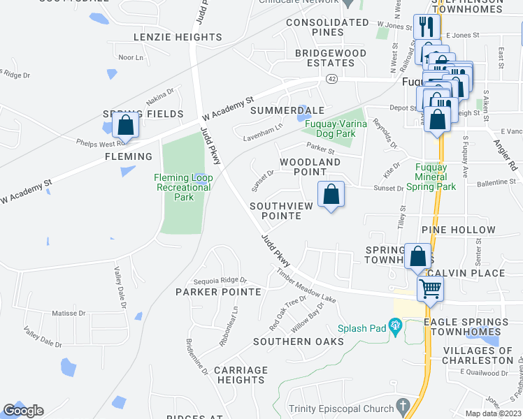 map of restaurants, bars, coffee shops, grocery stores, and more near 636 Smithridge Way in Fuquay-Varina