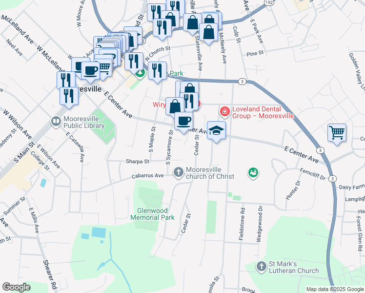 map of restaurants, bars, coffee shops, grocery stores, and more near 519 East Statesville Avenue in Mooresville