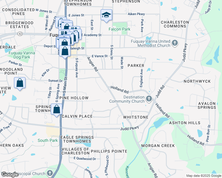 map of restaurants, bars, coffee shops, grocery stores, and more near 601 Angier Road in Fuquay-Varina