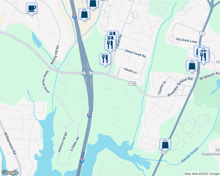 map of restaurants, bars, coffee shops, grocery stores, and more near Sunfish Drive in Mooresville