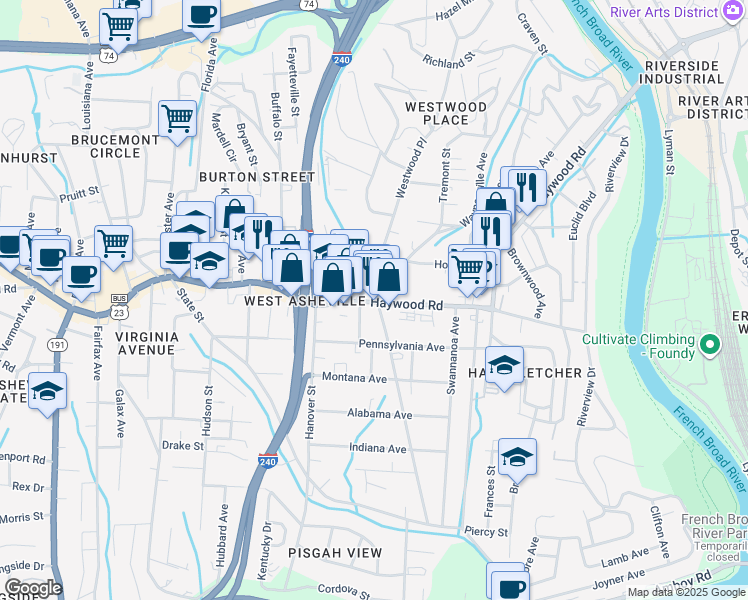 map of restaurants, bars, coffee shops, grocery stores, and more near 401 West Haywood Street in Asheville
