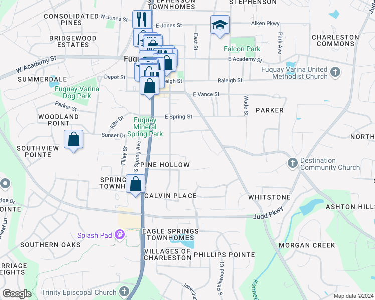 map of restaurants, bars, coffee shops, grocery stores, and more near 203 East Ransom Street in Fuquay Varina