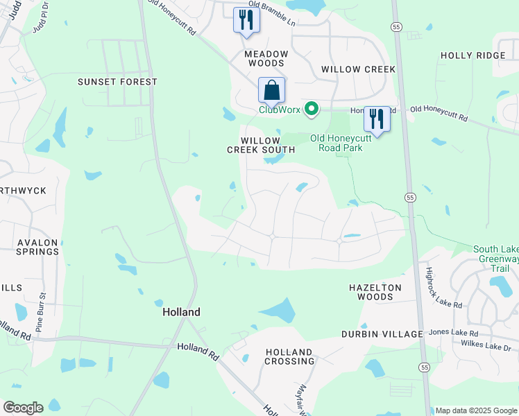 map of restaurants, bars, coffee shops, grocery stores, and more near 1732 Heisser Lane in Fuquay-Varina