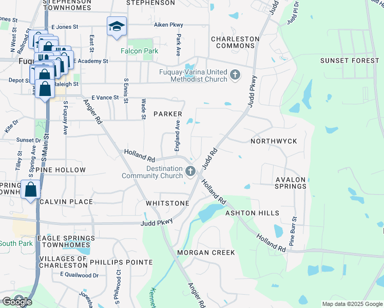 map of restaurants, bars, coffee shops, grocery stores, and more near 504 Barneswyck Drive in Fuquay-Varina