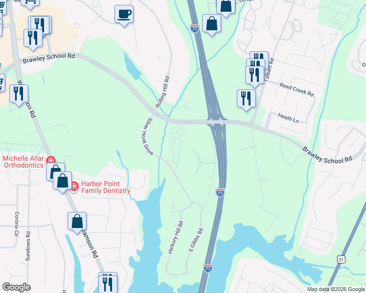 map of restaurants, bars, coffee shops, grocery stores, and more near 125 Forest Ridge Road in Mooresville