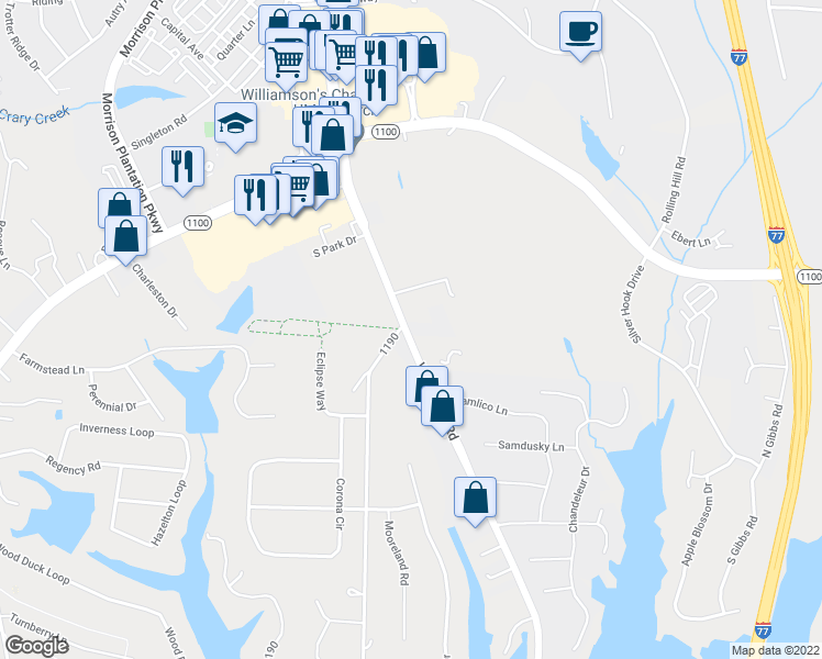 map of restaurants, bars, coffee shops, grocery stores, and more near 111 Grayson Drive in Mooresville