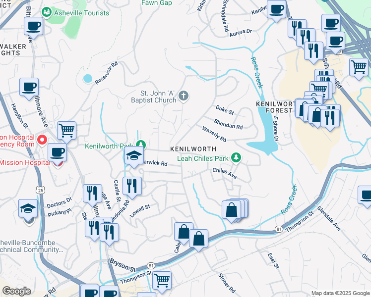map of restaurants, bars, coffee shops, grocery stores, and more near 10 Lakewood Drive in Asheville