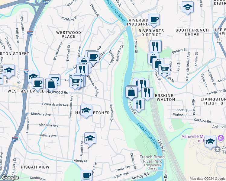 map of restaurants, bars, coffee shops, grocery stores, and more near 178 Riverview Drive in Asheville