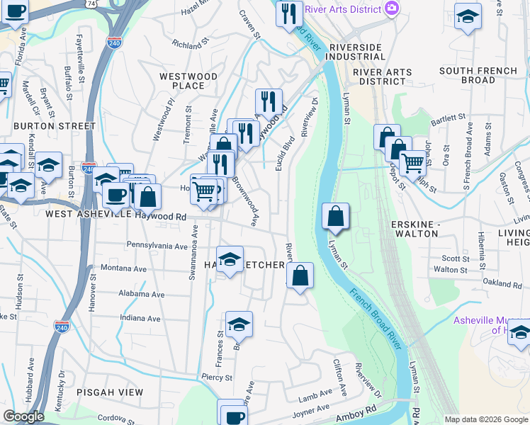 map of restaurants, bars, coffee shops, grocery stores, and more near 75 Wamboldt Avenue in Asheville