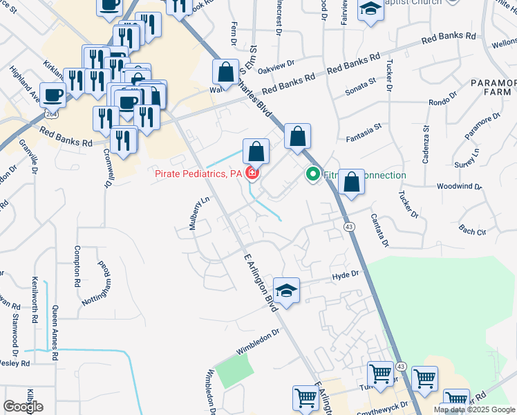 map of restaurants, bars, coffee shops, grocery stores, and more near 1120 Turtle Creek Road in Greenville