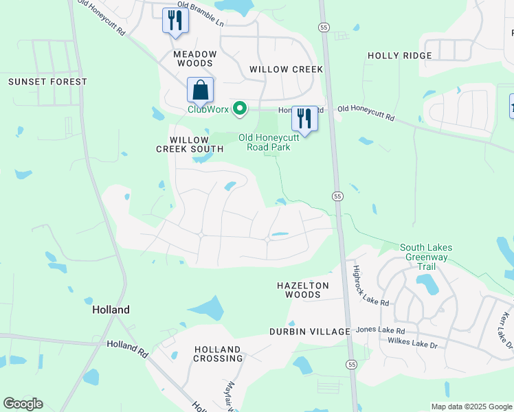 map of restaurants, bars, coffee shops, grocery stores, and more near 406 Rittenhouse Court in Fuquay-Varina