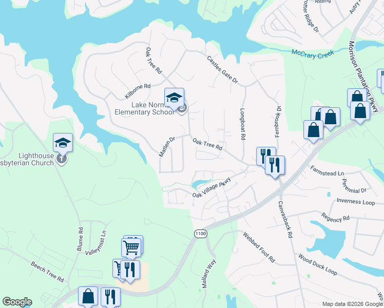 map of restaurants, bars, coffee shops, grocery stores, and more near 115 Vance Crescent Drive in Mooresville