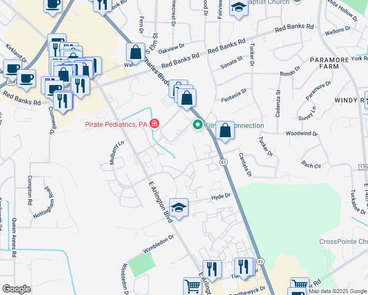 map of restaurants, bars, coffee shops, grocery stores, and more near 224 Cape Point Lane in Greenville
