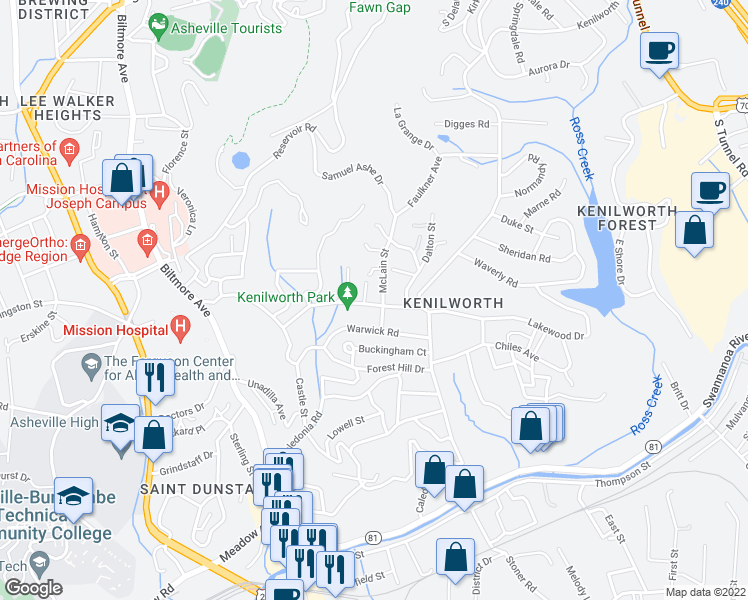 map of restaurants, bars, coffee shops, grocery stores, and more near 110 Wyoming Road in Asheville