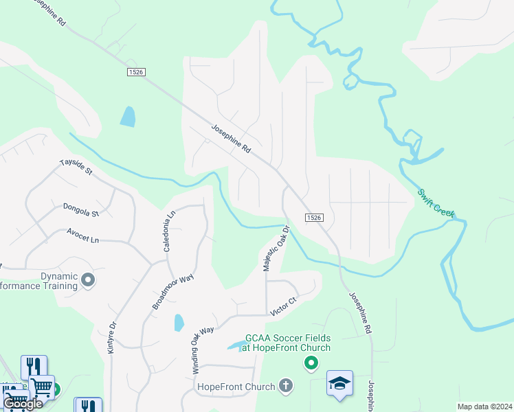 map of restaurants, bars, coffee shops, grocery stores, and more near 288 Oak Branch Trail in Garner