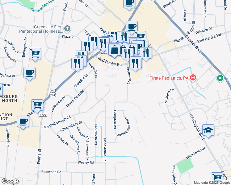 map of restaurants, bars, coffee shops, grocery stores, and more near 700 Compton Road in Greenville