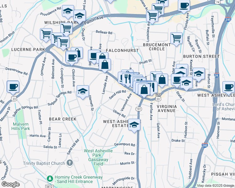 map of restaurants, bars, coffee shops, grocery stores, and more near 46 Sand Hill Road in Asheville