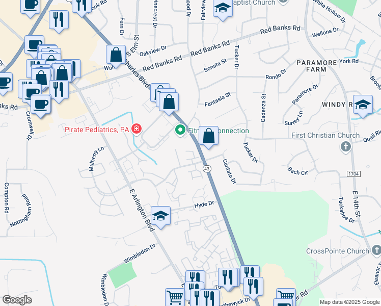 map of restaurants, bars, coffee shops, grocery stores, and more near 2700 Thackery Road in Greenville