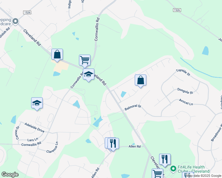 map of restaurants, bars, coffee shops, grocery stores, and more near 103 Cambridge Elm Drive in Clayton