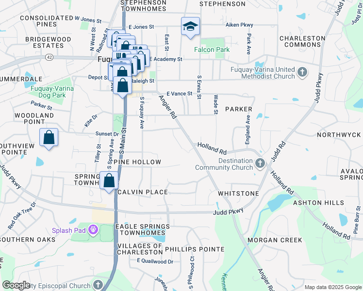 map of restaurants, bars, coffee shops, grocery stores, and more near 607 Hillside Court in Fuquay-Varina