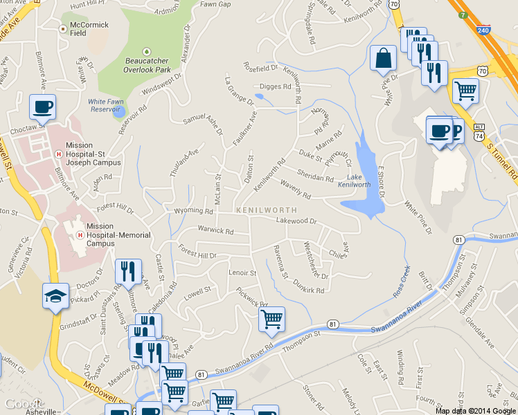 map of restaurants, bars, coffee shops, grocery stores, and more near 10 Lakewood Drive in Asheville