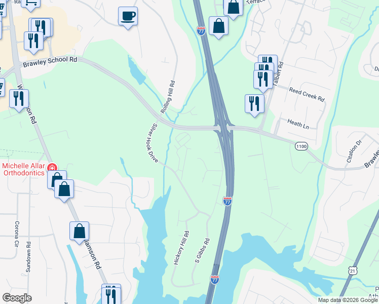 map of restaurants, bars, coffee shops, grocery stores, and more near 125 Forest Ridge Road in Mooresville