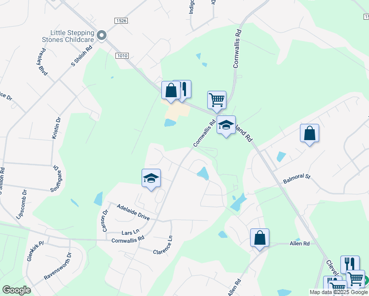 map of restaurants, bars, coffee shops, grocery stores, and more near 2597 Cornwallis Road in Garner