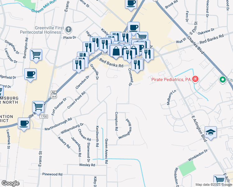 map of restaurants, bars, coffee shops, grocery stores, and more near 700 Compton Road in Greenville