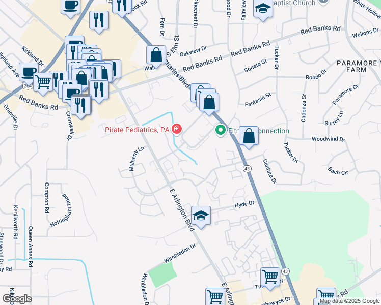 map of restaurants, bars, coffee shops, grocery stores, and more near 7 Oakmont Drive in Greenville