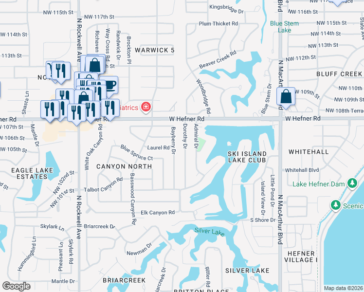 map of restaurants, bars, coffee shops, grocery stores, and more near 10700 Dorothy Drive in Oklahoma City